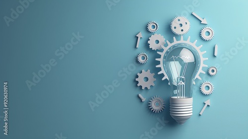 light bulb with arrow and settings icons on a soft blue background, copy space, place for text