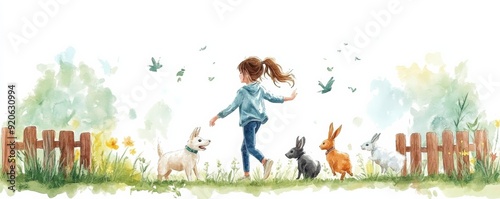 A young girl walking in a garden with dogs, rabbits, and birds around in a whimsical, watercolor-styled illustration.