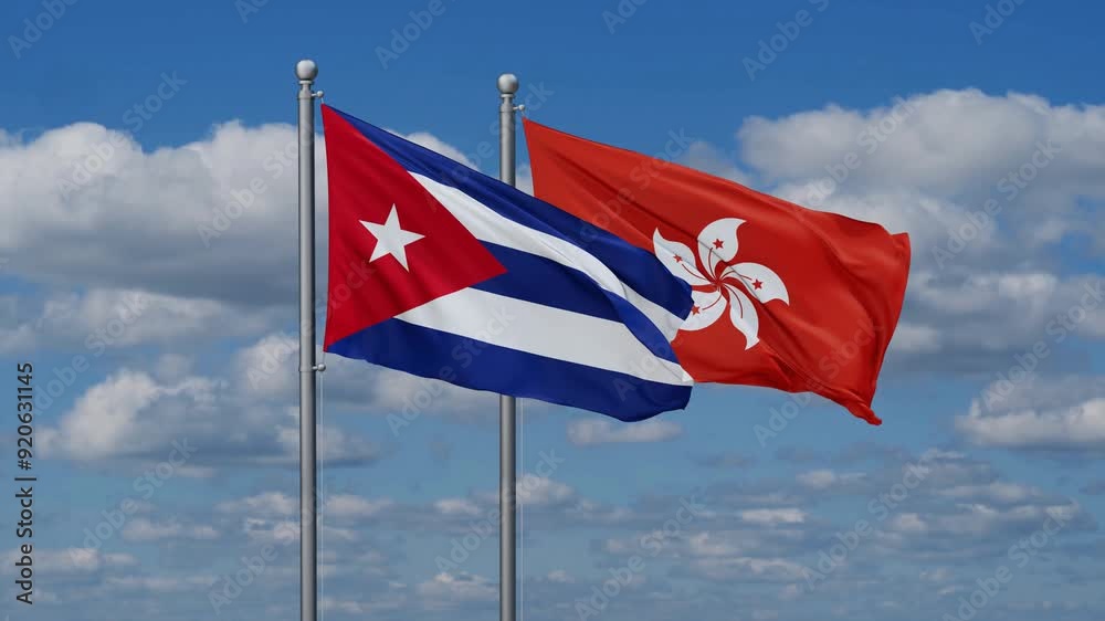 Hong Kong and Cuba flags flying together, video concept of the relationship, two country relations concept Hong Kong and Cuba flags flying together, video concept of the relationship, two country relations concept