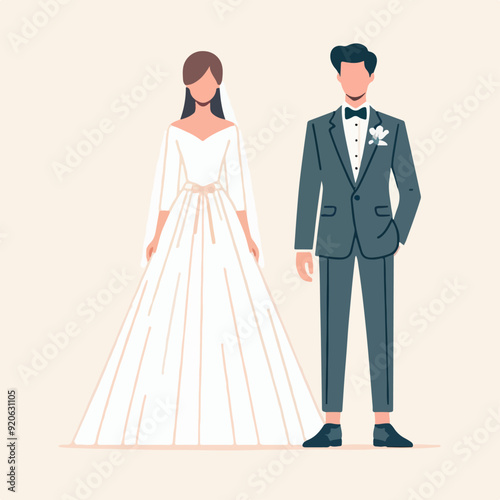 Marriage wedding couple set, cute newlywed bride and groom Flat illustration 