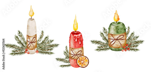 Set watercolor Christmas candles, winter holiday vector elements