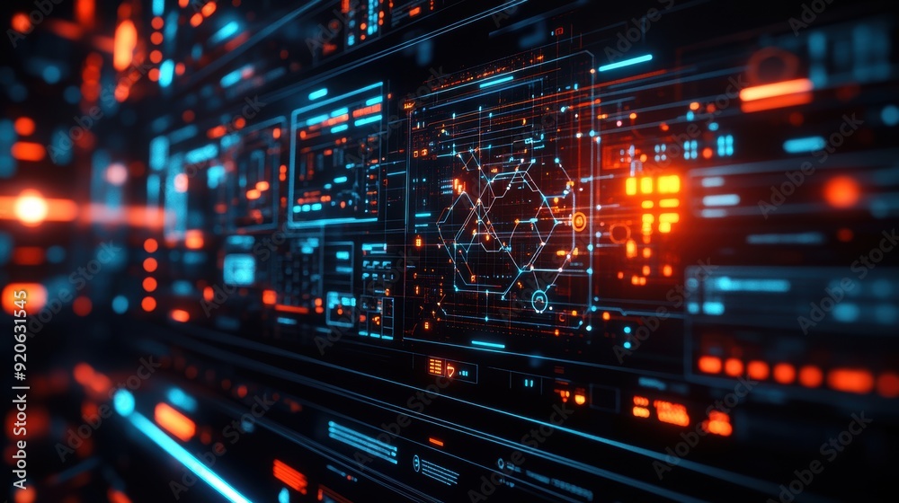 A dynamic digital interface displaying complex data visualizations and geometric patterns, representing advanced technology and cyber data analysis. A dynamic digital interface displaying complex data visualizations and geometric patterns, representing advanced technology and cyber data analysis.