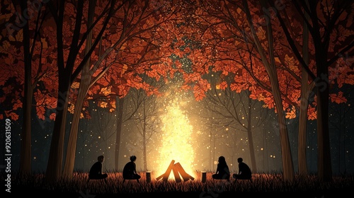 Digital illustration of an autumn bonfire night in a forest with people gathered