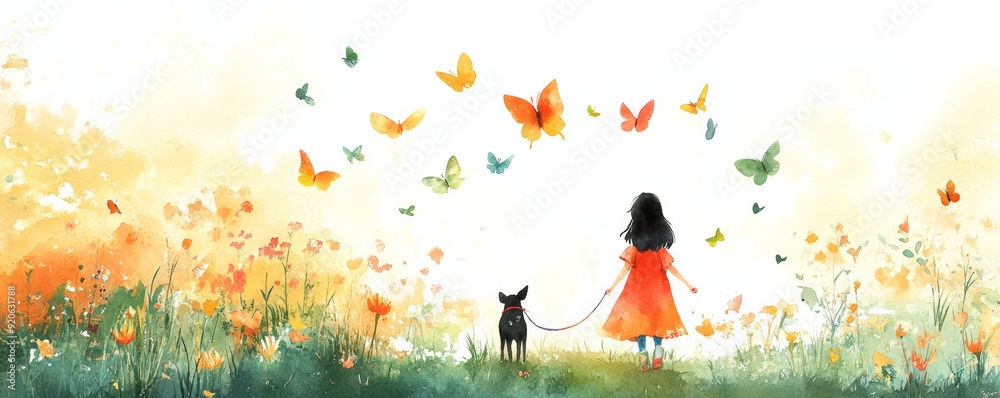 A whimsical watercolor painting of a girl in a red dress walking her dog through a field of flowers with butterflies flying around. A whimsical watercolor painting of a girl in a red dress walking her dog through a field of flowers with butterflies flying around.