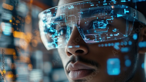 Wallpaper Mural Close-up of a man wearing advanced augmented reality glasses with digital data overlays, showcasing futuristic technology and innovation. Torontodigital.ca