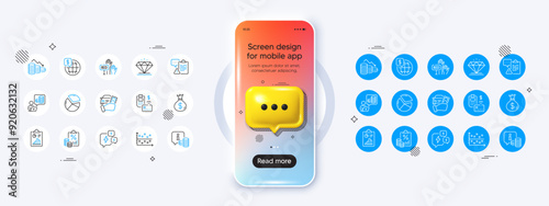 Phone mockup with 3d chat icon. Pos terminal, Money loss and Report line icons. Pack of Budget accounting, Bid offer, Stress icon. Dot plot, Diamond, Money bag pictogram. Vector