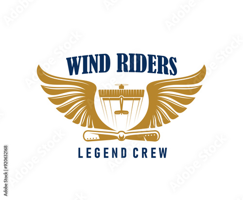 Airline and aircraft aviation icon with golden wings, biplane and propeller, flanked by the text wind riders and legend crew, signifying excellence in aviation. Isolated vector emblem in classic style