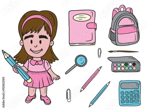 Beautiful happy girl in pink dress is holding big blue pencil and is going back to school with all necessary equipment: magnifying loop, notebook, backpack, watercolor paints and brush, calculator.
