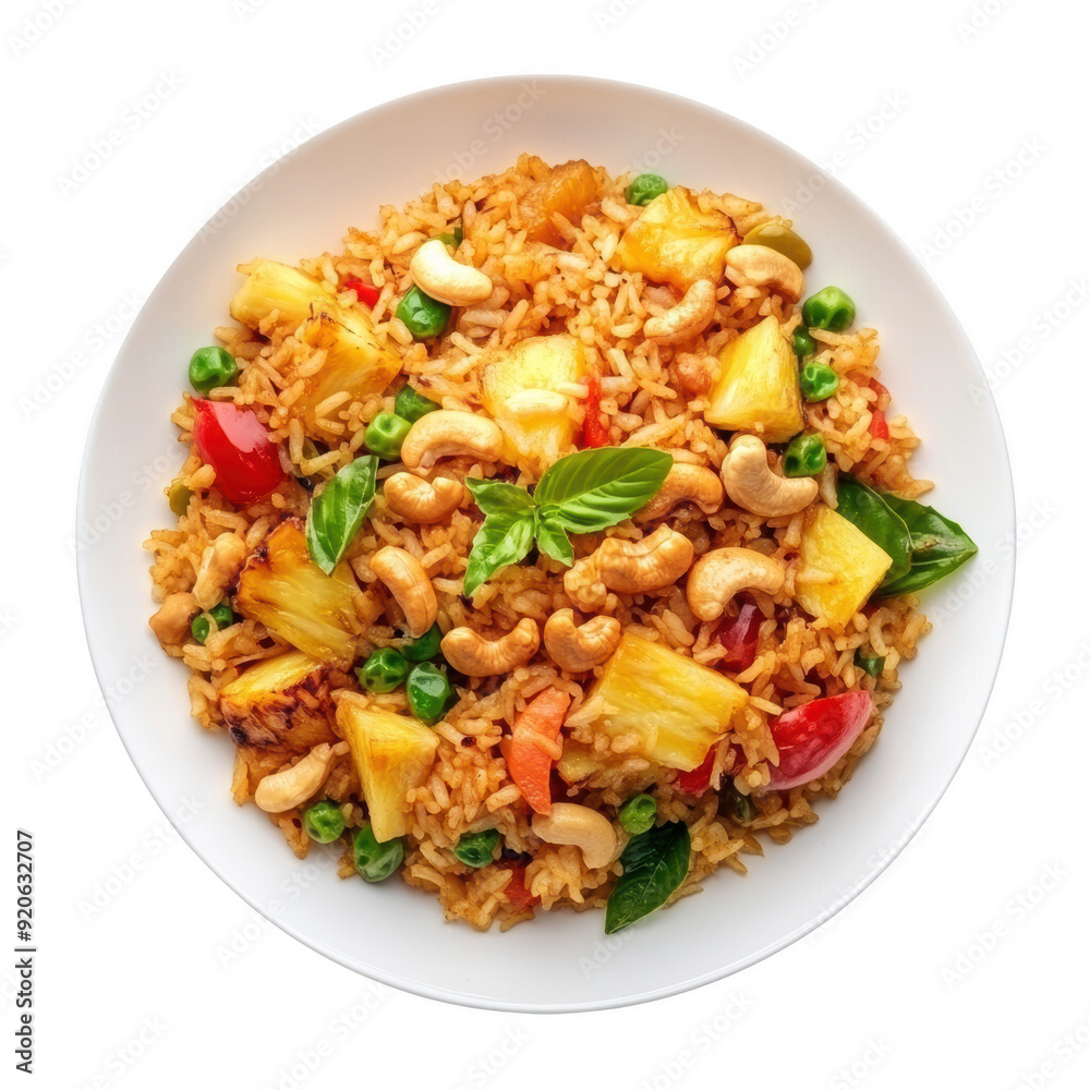 A vibrant plate of pineapple fried rice garnished with cashews, vegetables, and fresh herbs. Perfect for food lovers. PNG, Transparent, No Background A vibrant plate of pineapple fried rice garnished with cashews, vegetables, and fresh herbs. Perfect for food lovers. PNG, Transparent, No Background