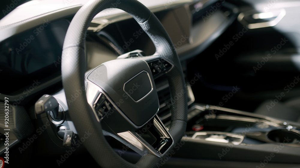 Close-up of a steering wheel in a modern electric car, featuring a sleek dashboard and advanced technology. Ideal for illustrating the elegance and innovation in today’s automotive industry. Close-up of a steering wheel in a modern electric car, featuring a sleek dashboard and advanced technology. Ideal for illustrating the elegance and innovation in today’s automotive industry.