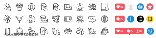 Medical staff, Vacancy and Instruction manual line icons pack. Social media icons. Ask question, Cursor, Smartphone target web icon. Calculator target, Locked app, Tablet pc pictogram. Vector