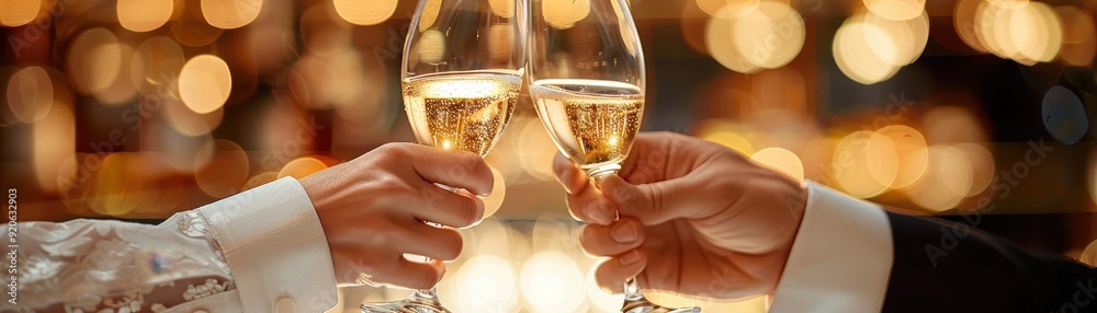 Obraz premium Elegant Celebration with Champagne Toast in a Luxurious Setting with Bokeh Lights in the Background