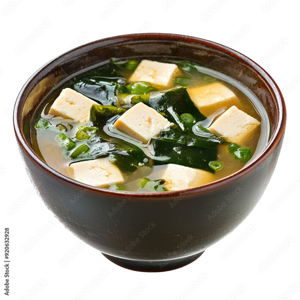 Delicious bowl of miso soup with tofu and seaweed, showcasing a savory and nutritious Japanese dish. PNG, Transparent, No Background