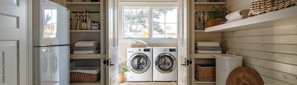 custom made wallpaper toronto digitalModern Laundry Room with Washer and Dryer, Organized Shelves, and Natural Light