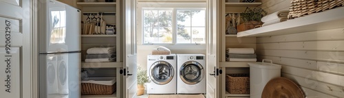 Wallpaper Mural Modern Laundry Room with Washer and Dryer, Organized Shelves, and Natural Light Torontodigital.ca