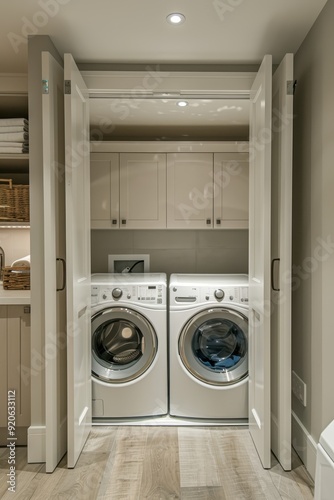 Wallpaper Mural Modern Laundry Room with White Cabinets and Front-Loading Washer and Dryer in a Contemporary Home Torontodigital.ca