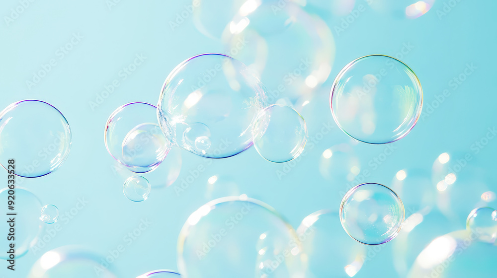 Aesthetic transparent soap bubbles floating on pastel blue background. Detergents and cleaning products. Generative AI Aesthetic transparent soap bubbles floating on pastel blue background. Detergents and cleaning products. Generative AI