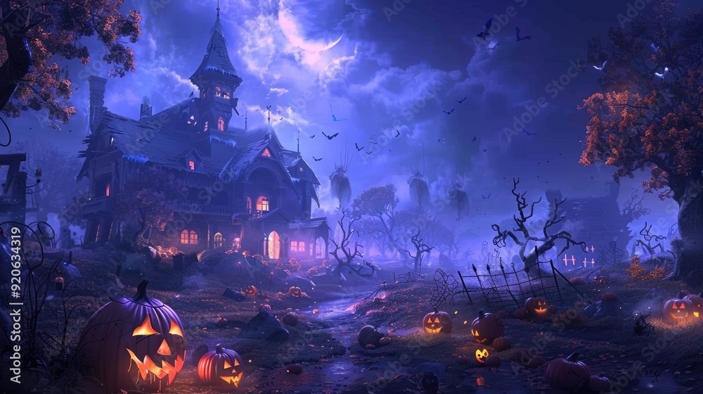 Obraz premium purple light effect Halloween house with pumpkins in forest