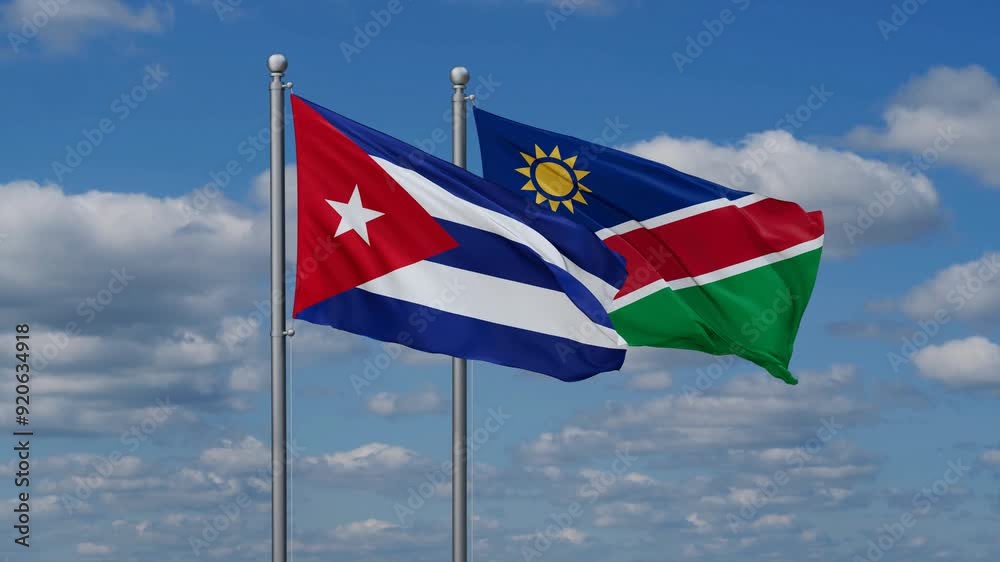 Cuba and Namibia flags flying together, video concept of the relationship, two country relations concept Cuba and Namibia flags flying together, video concept of the relationship, two country relations concept