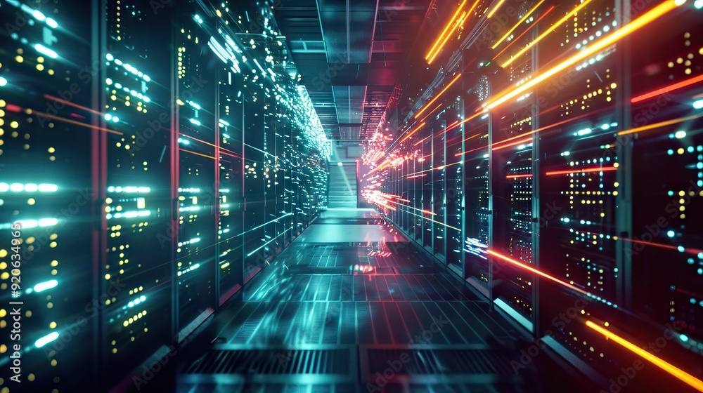 3D Render: Data Technology Center Server Racks in Dark Room with VFX. Detailed Visualization Concept of Internet of Things, Data Flow. AI generated illustration 3D Render: Data Technology Center Server Racks in Dark Room with VFX. Detailed Visualization Concept of Internet of Things, Data Flow. AI generated illustration