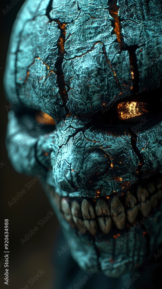 Glowing demonic mask with cracked surface and fiery eyes