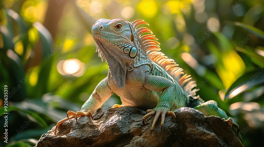 Naklejka premium Green iguana resting on a rock in the sun