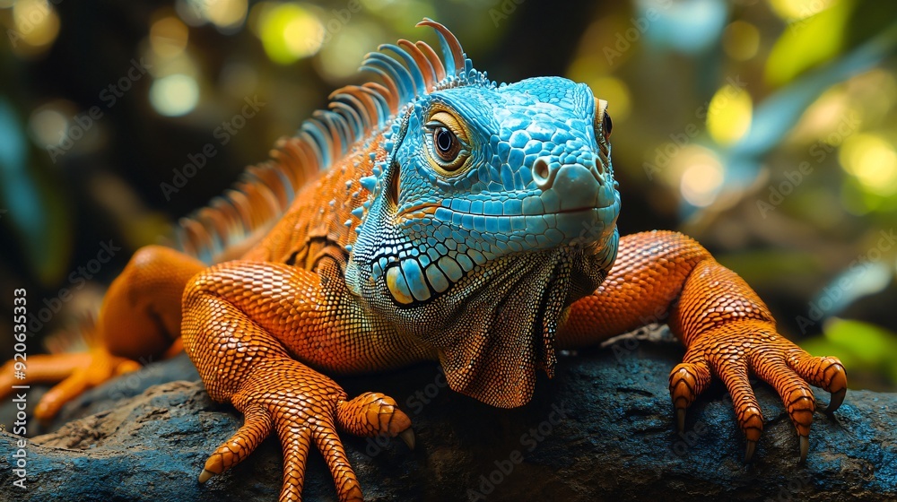 Blue and orange iguana resting on a rock in a vivarium Blue and orange iguana resting on a rock in a vivarium