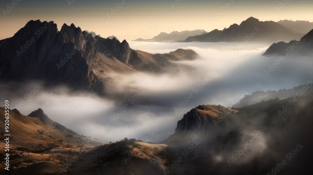 Mountainous Landscape with Fog and Dramatic Skies Mountainous Landscape with Fog and Dramatic Skies