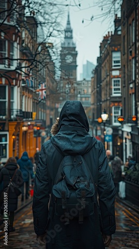 Back view of a hooded figure walking in a rainy London street