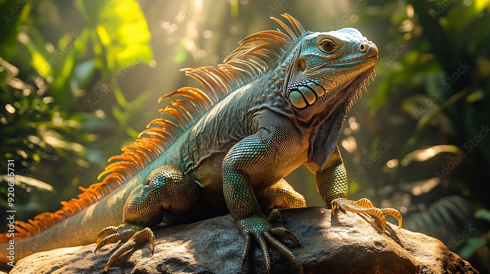 Naklejka premium Large iguana resting on a rock in the jungle