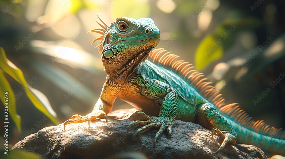 Fototapeta premium Green iguana posing on a rock in a tropical forest