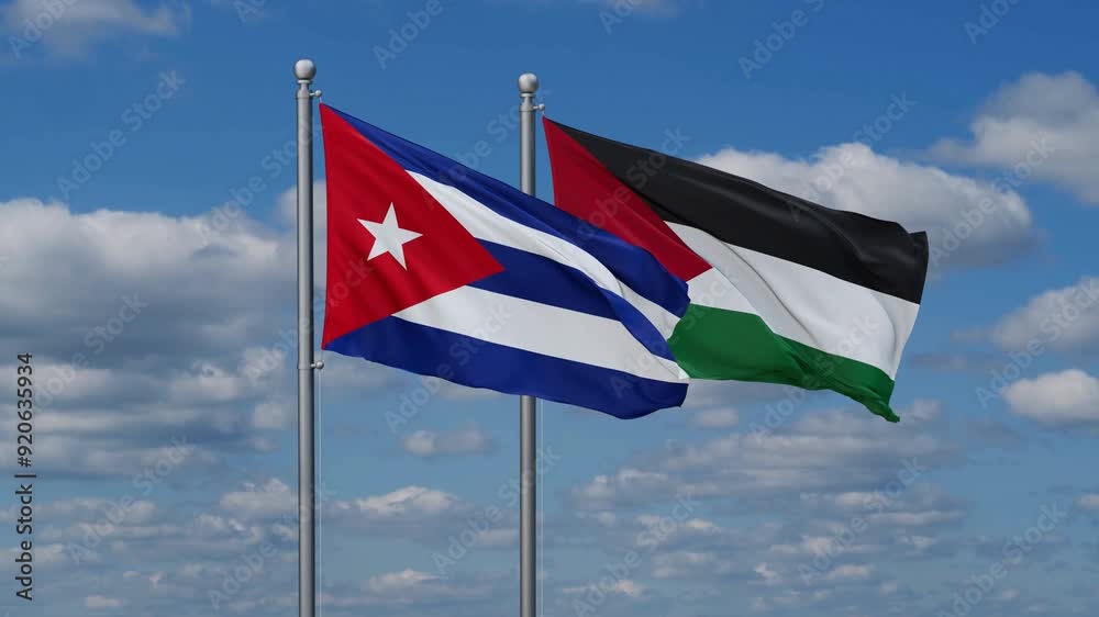 Palestine and Gaza Strip and Cuba two flags waving together on blue , video concept of the relationship Palestine and Gaza Strip and Cuba two flags waving together on blue , video concept of the relationship