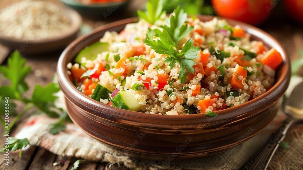 A bowl of quinoa salad with cucumber, tomatoes, and parsley. A bowl of quinoa salad with cucumber, tomatoes, and parsley.