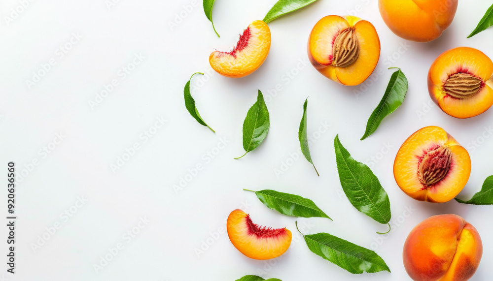 Ripe Peaches with Slices and Leaves Isolated on White