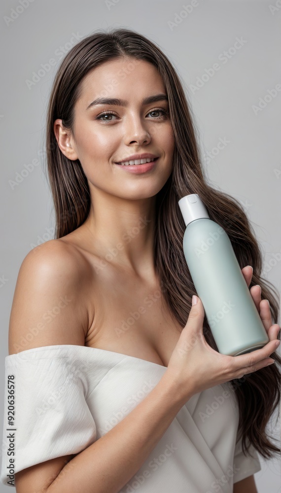 Generated ImaYoung girl holding empty shampoo bottle on white background, smiling woman portrait, moisturizing spa body care conceptge Generated ImaYoung girl holding empty shampoo bottle on white background, smiling woman portrait, moisturizing spa body care conceptge