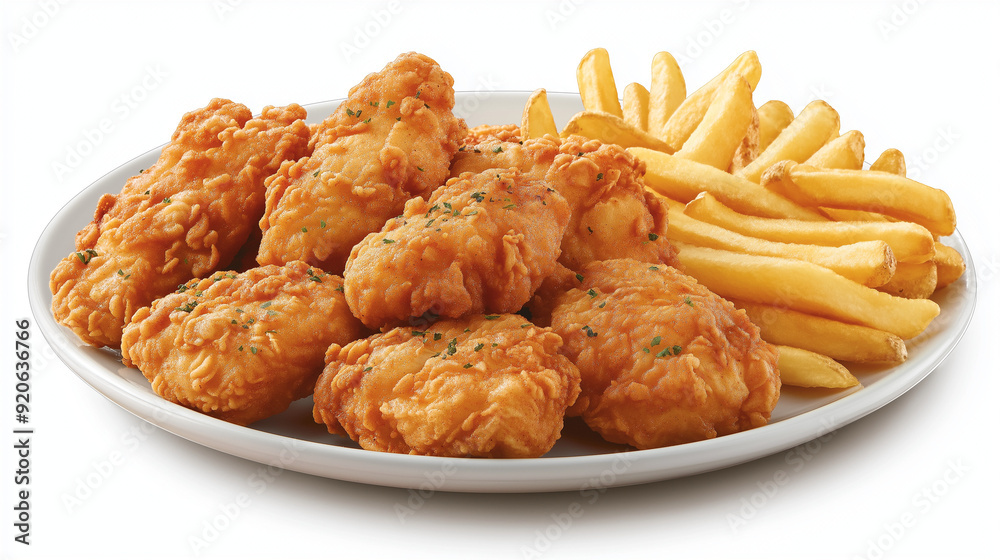 A plate of food consisting of crispy, golden-brown fried chicken pieces and a side of golden-yellow french fries. The chicken pieces are generously coated in a crunchy, breaded batter