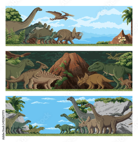 8 bit pixel art dinosaurs in dino world park landscape, vector backgrounds. Prehistoric dinosaurs and Jurassic lizards in 8bit pixel art forest with T-rex tyrannosaurus, brontosaurus and pterodactyl