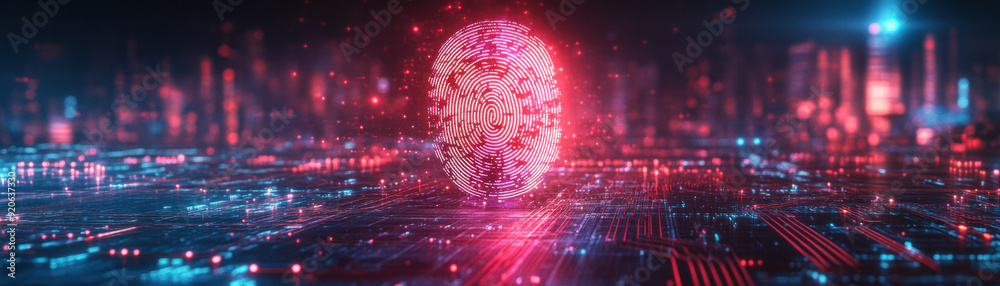 Digital fingerprint,  A floating fingerprint icon projected in holographic form, suspended over a vibrant digital circuit landscape. Designed for a modern digital workspace, the