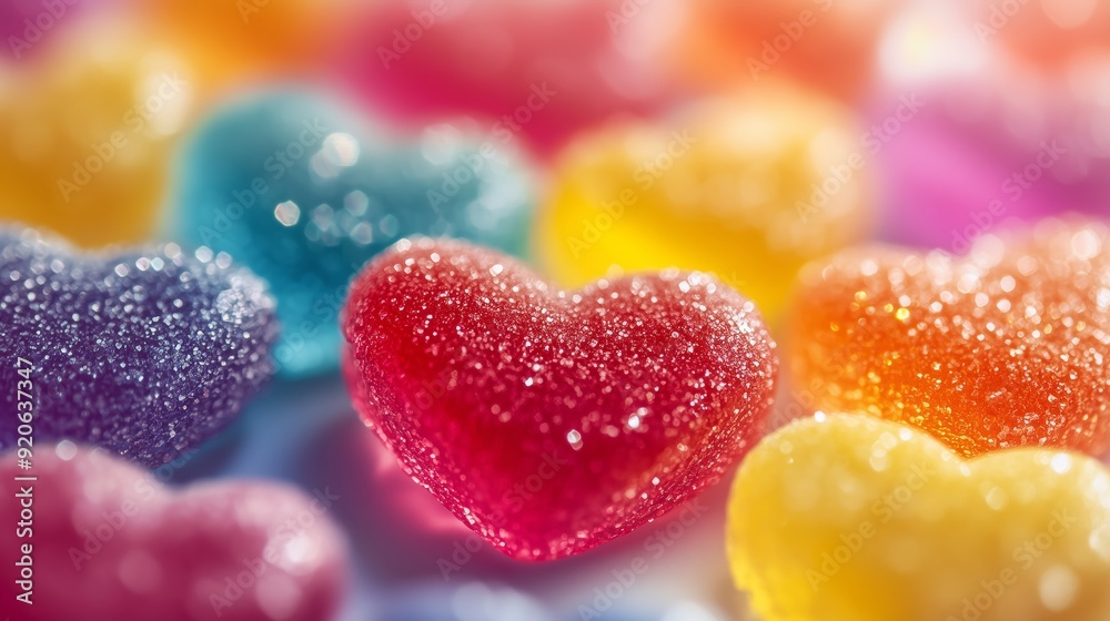 Close-Up of Colorful Gummy Heart-Shaped Candies with Sparkling Sugar Crystals Close-Up of Colorful Gummy Heart-Shaped Candies with Sparkling Sugar Crystals