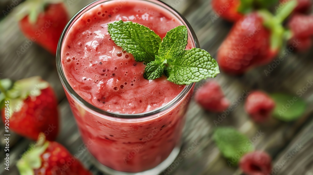 A refreshing strawberry and raspberry smoothie garnished with mint. A refreshing strawberry and raspberry smoothie garnished with mint.