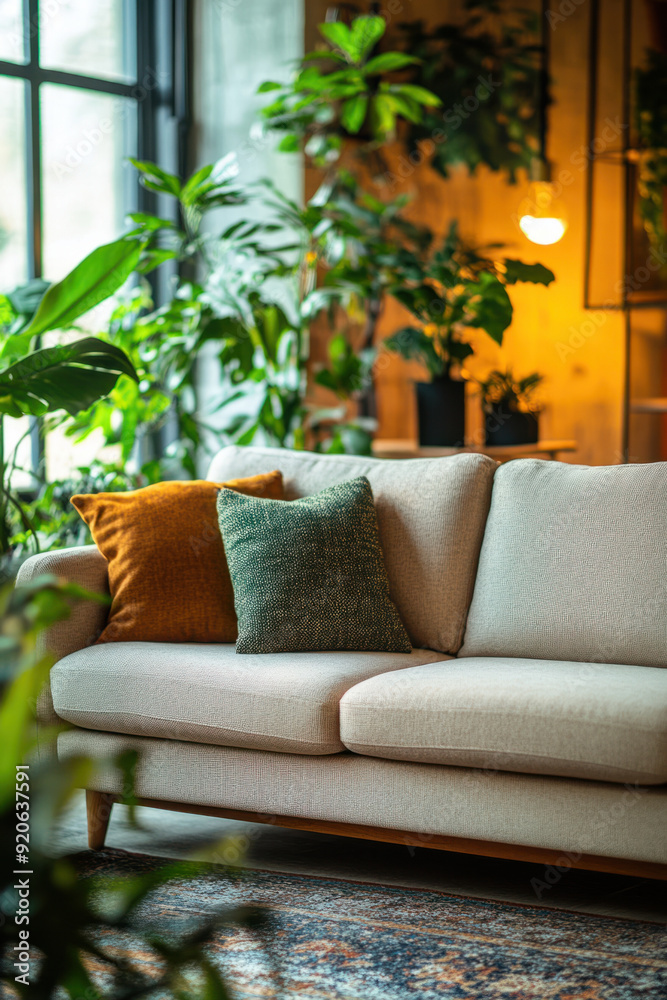Environmental Friendly Sofa, Eco-friendly sofa made from recycled materials, showcased in a cozy living room setting with indoor plants, soft lighting, and a natural decor style. Environmental Friendly Sofa, Eco-friendly sofa made from recycled materials, showcased in a cozy living room setting with indoor plants, soft lighting, and a natural decor style.