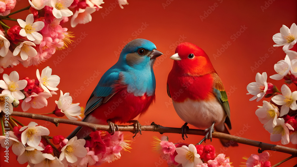 Fototapeta premium create-an illustration of a serene garden love birds scene