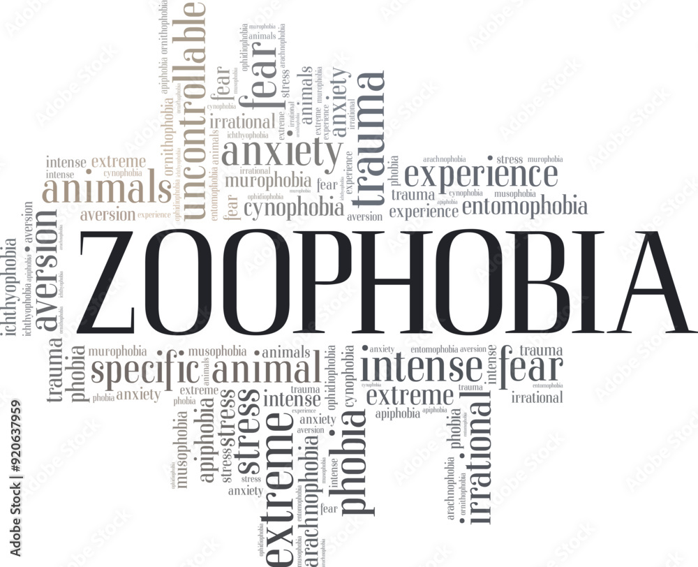 Zoophobia: Fear of Animals word cloud conceptual design isolated on white background. Zoophobia: Fear of Animals word cloud conceptual design isolated on white background.