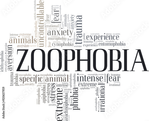 Zoophobia: Fear of Animals word cloud conceptual design isolated on white background.