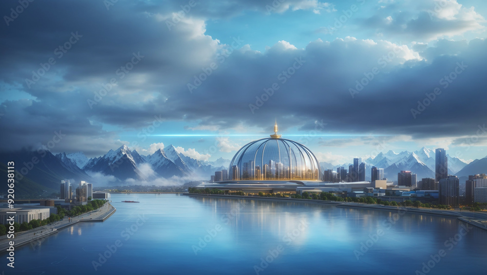 Fototapeta premium large building with a golden dome sits in front of a body of water and mountains in the distance. 