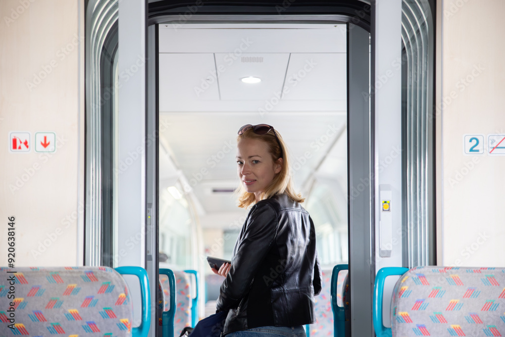 Young blond woman in jeans, shirt and leather jacket holding her smart phone and purse while riding modern speed train arriving to final train station stop. Travel and transportation