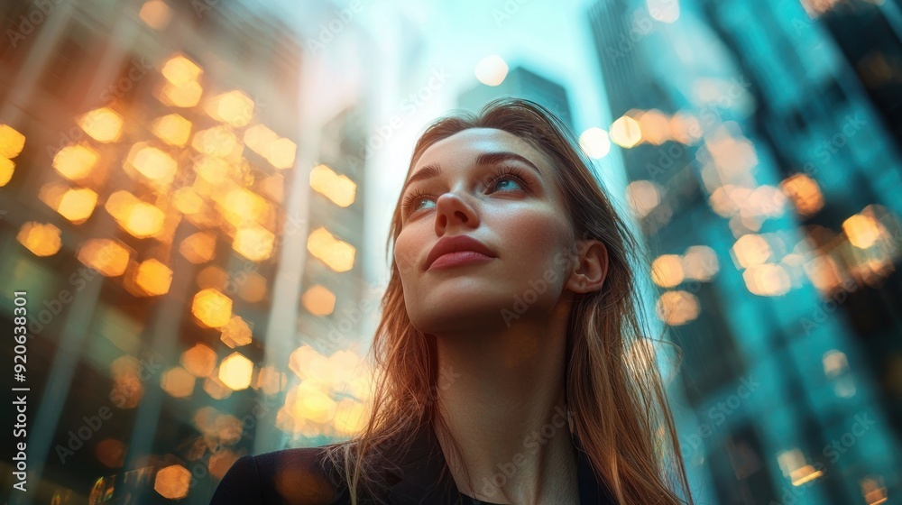 Beautiful young business woman outdoors with blurred defocused business center background Beautiful young business woman outdoors with blurred defocused business center background
