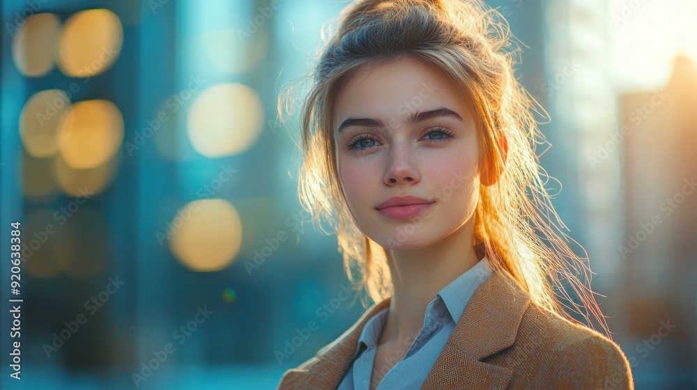 Obraz premium Beautiful young business woman outdoors with blurred defocused business center background
