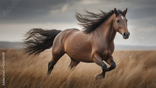 Portrait of a horse in motion in an open field, mane blowing in the wind