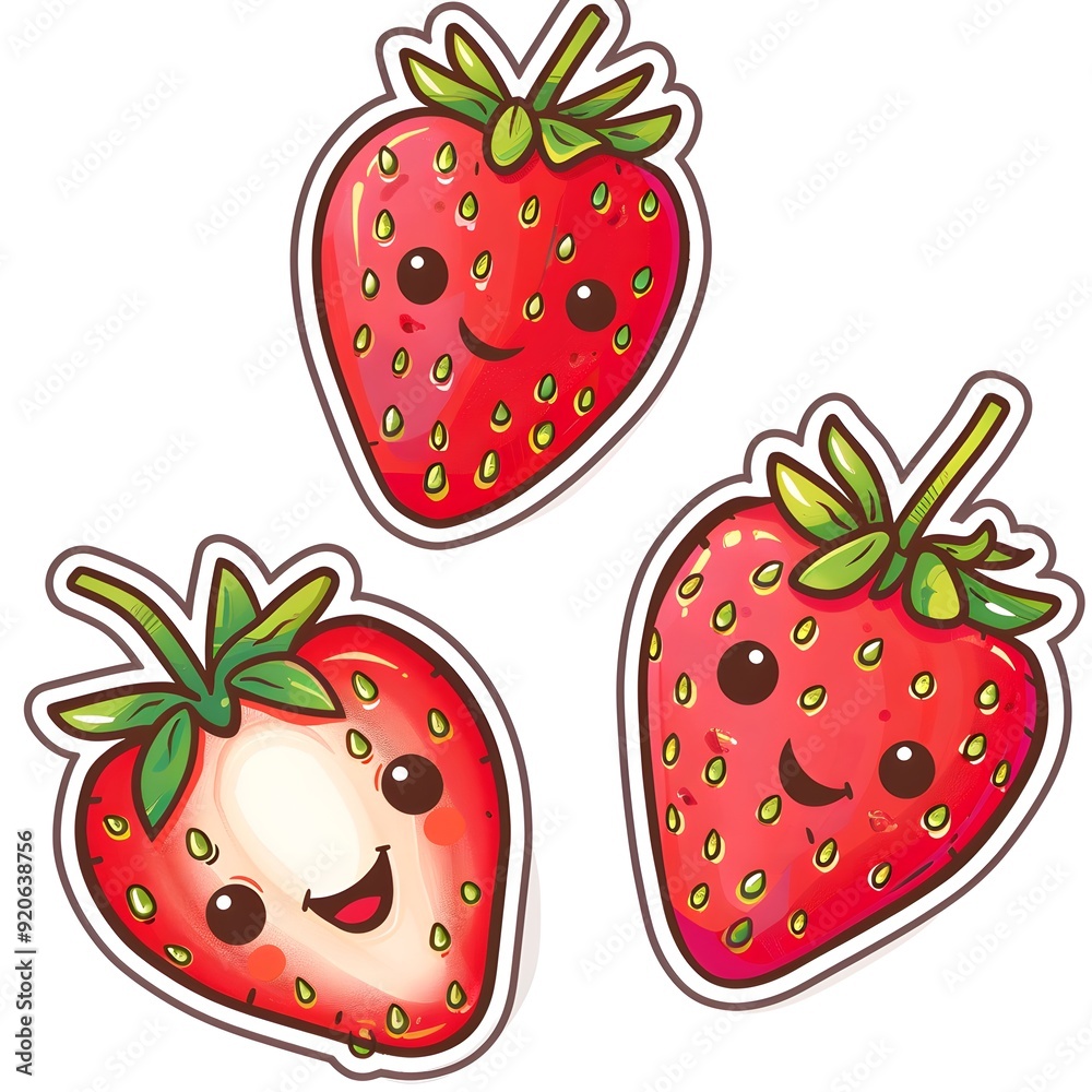 Obraz premium Strawberry Sticker on White Background, Adorable and Vibrant Design of a Juicy Red Strawberry, Fun and Playful Illustration for Fruit-Themed Decoration, Perfect for Kids and Summer Items